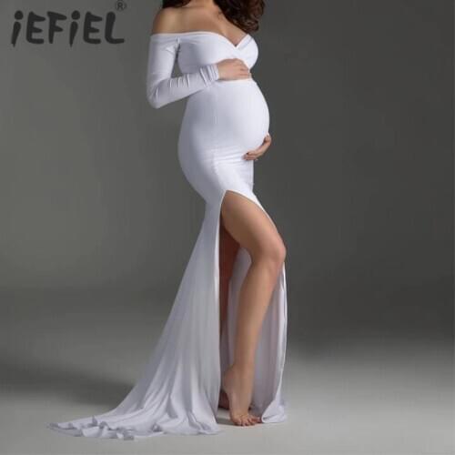 Maternity Sexy Shoulderless Dresses For Photo Shoot Maxi Gown Split Side Women Pregnant Photography Props Long Pregnancy Dress