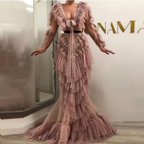 Saudi Arabic Rose Pink Mermaid Evening Dress Long Sleeve Tiered Ruffles V Neck Prom Gowns abendkleider Formal Dress Party Wear