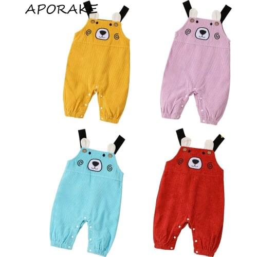 2021 0-12M Newborn Baby Boy Girl Strap Romper with Cartoon Bear Shape Bottom Button Corduroy Elastic Band Spring Autumn Clothing