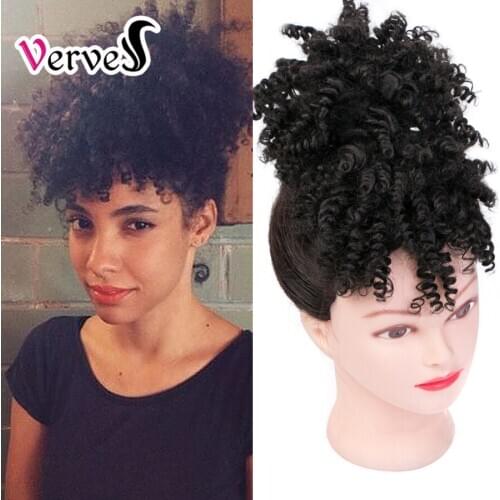 VERVES High Puff Afro Kinky Curly Synthetic Ponytail with Bangs Ponytail Hair Extension Drawstring Short Afro Pony Tail Clip in