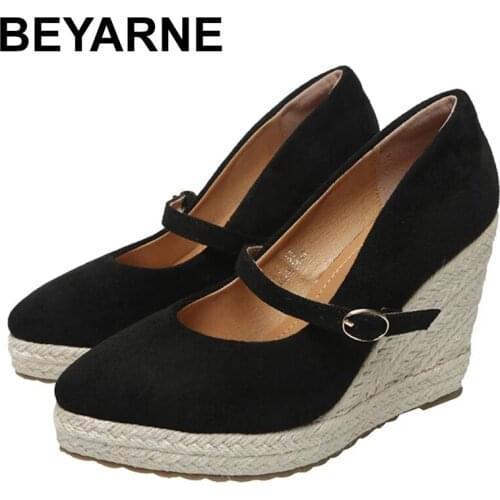 BEYARNE Wedge Espadrilles Heel Shoes Women 2021 Spring New Style Shallow Mouth Fashion Pointed Thick Heel -soled Straw Heel Shoe