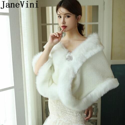 JaneVini Chales Beaded Pin Women Evening Shawl and Wraps Scarfs Ivory Winter Faux Fur Bridal Shoulder Bolero Wedding Cape Stoles