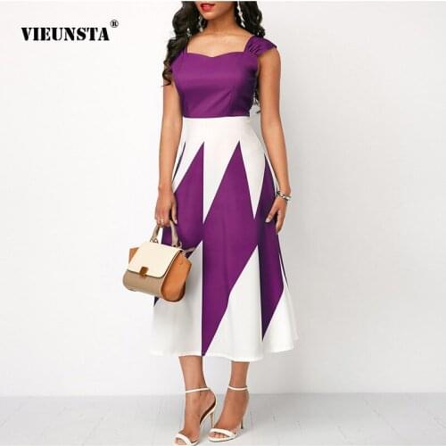 2021 Summer Womens Dress Geometry Color Contrast Printing Long Dress Grace Square Collar Sleeveless Slim Party Evening Vestido