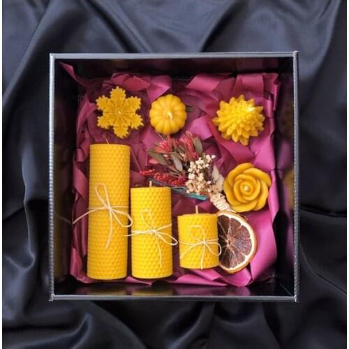 Winter Sun, Candle Set, 100 Natural Handmade Honey Wax, Yellow, Rose, snowflake, Pine, Snowflake Shaped, Toxic Madde Does Not Produce