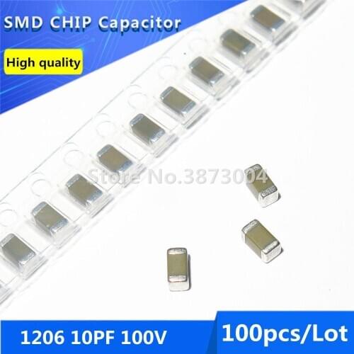 100pcs 1206 10PF 100V 5% Thick Film Chip Multilayer Ceramic Capacitor