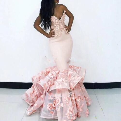 2018 Fashion Slim Blush Pink African Prom Gown Lace Applique Mermaid Evening Gown Backless Tiered Party Dress Vestidos De Soiree