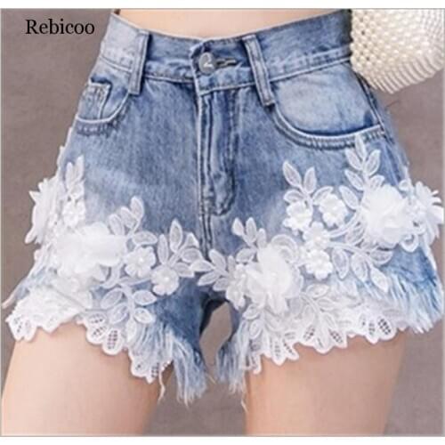White Lace Flowers Denim Jeans Women Fashion Cowboy Shorts 2020 New Embroidery Beading Lace Shorts Large Size Casual Hot Shorts