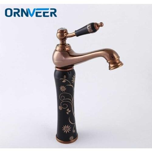 Free Shipping Luxury Rose Gold Bathroom Faucet Double White Ceramic Body Tall Gold Plated Basin Sink Mixer Tap