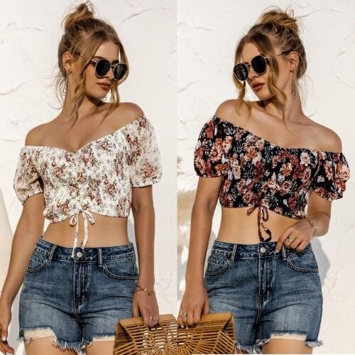 Summer Women T-Shirts Sexy Crop Top Print Color Off The Shoulder Lace Up Lantern Short Sleeve Backless Casual Female Tee C2498