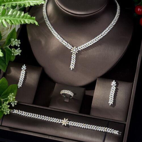 HIBRIDE New Leaf Flower Design AAA Cubic Zirconia Bridal Necklace and Earrings Set Women Party Jewelry Set collier mariageN-1094
