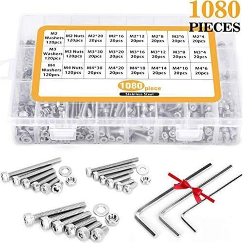 M2 M3 M4 1080PCS Stainless Steel Screws and Nuts Hex Socket Head Cap Hex Socket Screws Bolts With Hex Nuts Washers Assortment