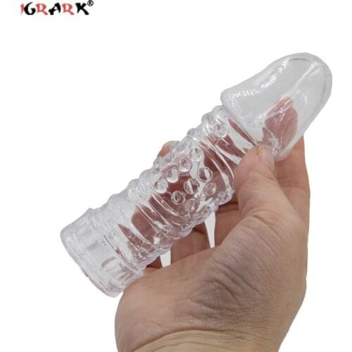 Extension Reusable Condom Penis Sleeve Male Enlargement Time Delay Spike Clit Massager Cover Crystal Clear Adult Sex Toy