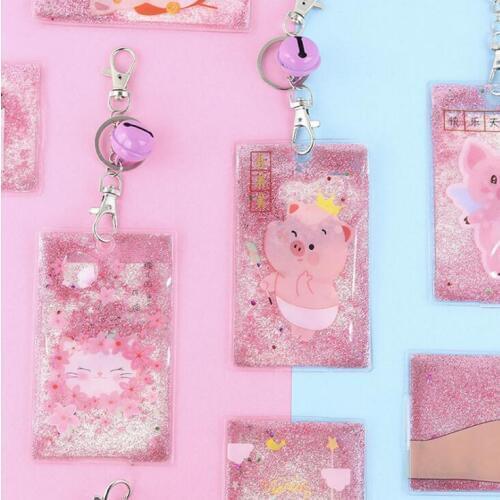 Creative quicksand transparent cute pig sequin into the oil with key chain card holder Student bus set ID card set