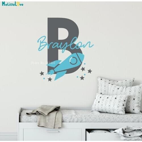 Rocket Ship Wall Decal for Kids Baby Boys Bedroom Personalized Name Outer Space Self-adhesive Murals Lovely YT2512