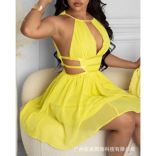 2021 Summer New Fashion Slim Sexy Lace Dress Womens Yellow Dress