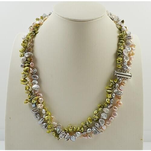 Charming Baroque Pearl Women Jewelry Gray Pink Green Color Natural Keshi Pearl 3rows White Magnet Clasp Handmade Choker Necklace