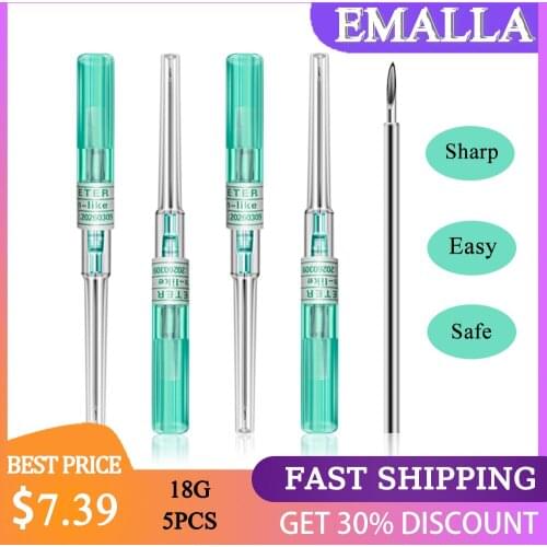 EMALLA 5PCS 18G Disposable Gauge Piercing Needles IV Catheter for Ear Nose Navel Nipple Piercing Sterilized Tattoo Supplies