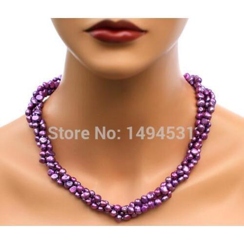 Wholesale Pearl Jewelry - 3Rows Plum Purple Natural Freshwater Pearl Necklace Earrings- Handmade Jewelry Set - New Free Shipping