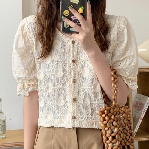 Alien Kitty Hot Sale Hook Flowers Lace V-Neck Slim Sweet 2021 Cardigans Elegance OL Brief New Loose Summer Femme Tops Shirts