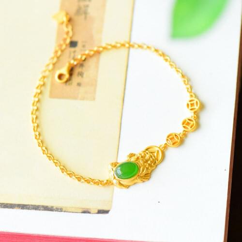 Simple Hand Jewelry Gilding Copper Coin Embellishment Lucky Small Silver Fashion S925 Sterling Silver Inlaid Hetian Jade Bracele