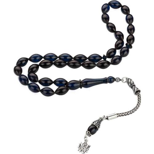 Dark Blue Bakalite Rosary (Tasbih) with Silver Ottoman Crest Tassel
