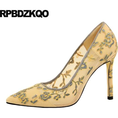 Super Pointed Toe Extreme Thin Embroidered Ladies High Heels Shoes Cheap Ultra Size 4 34 Embroidery Stiletto Pumps Mesh Scarpin