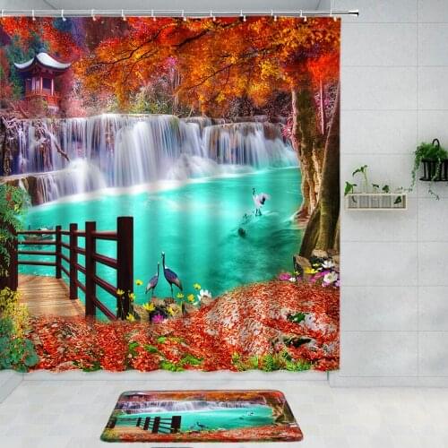 Aesthetic Autumn Forest Waterfall Scenery Bathroom Curtain Shower Curtain Set Bath Mats Rugs Garden Landscape Curtains For Bath