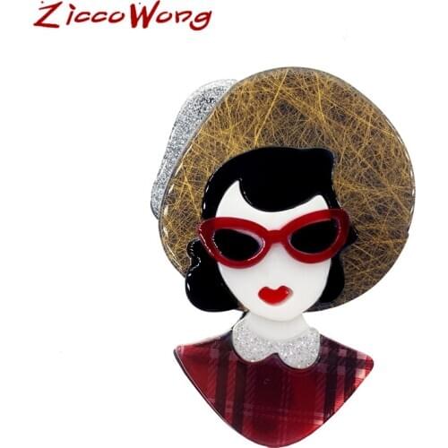 SexeMara New Design Brown Hat Acrylic Girl Brooch For Women Girls Red Glasses Cartoon Girl Pins Lapel Badges Fashion Gift