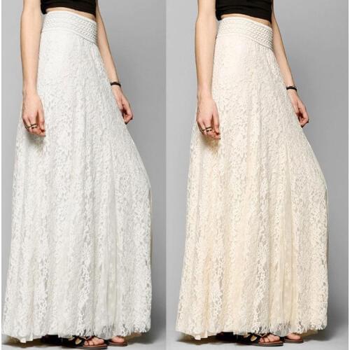 2019 solid sexy elegance New Fashion Womens Elastic High Waist Stretchy Double Lace Layer Chiffon Maxi Long Skirt