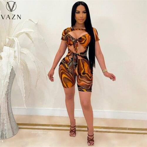 VAZN 2021 INS Plus Size Hollow Out Open Beach Style Retro Short Sleeve Soft Elastic High Waist Skinny Women Playsuits