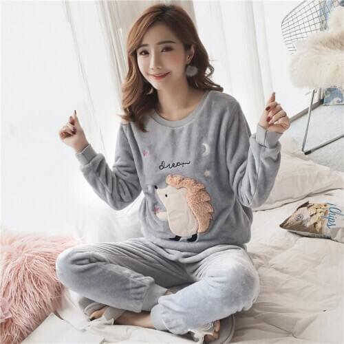 Women Pajamas Set pyjamas Sleepwear Thick Long sleeve Trousers Winter Warm Flannel Nightgown Cartoon Totoro Animal lovely Pijama