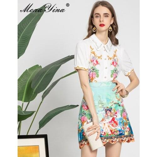 MoaaYina Summer Casual Vintage Suit Womens Short sleeve Floral Shirts and Skirts Outfits 2021 Ladies Skirts Two Piece Set
