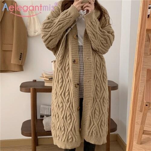 Aelegantmis Long Knitted Cardigan Women Vintage Warm Loose Sweater Coat Solid Oversized Jumper Outwear High Quality 2021 Korean