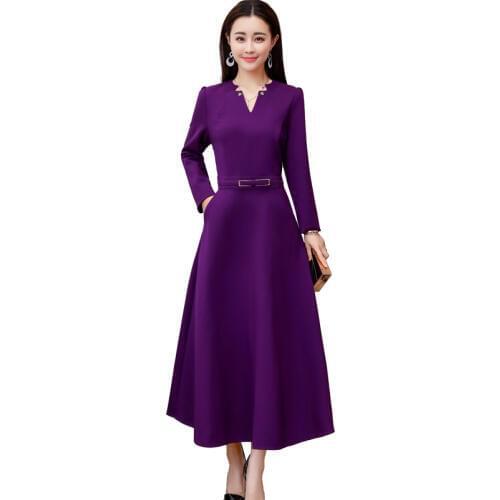 Spring and autumn womens new Korean long paragraph Slim was thin solid temperament long-sleeved dress big swing dress