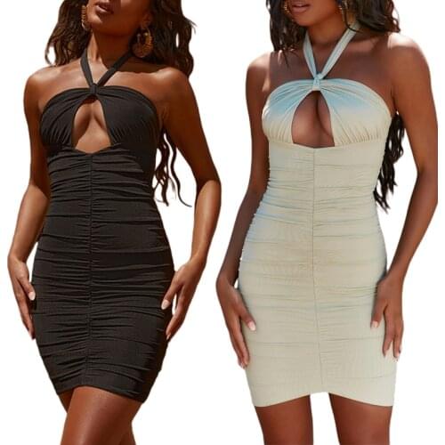 Women Summer Halterneck Dress Adults Tie-up Ruched Backless Solid Color Cutout Dress Sexy Dress Vestido Feminino Bodycon Dress