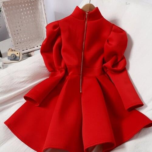 2021 Spring Women Dress Elegant Autumn Korean Style Temperament High-neck Puff Long Sleeve French Party A-line Solid Vestidos