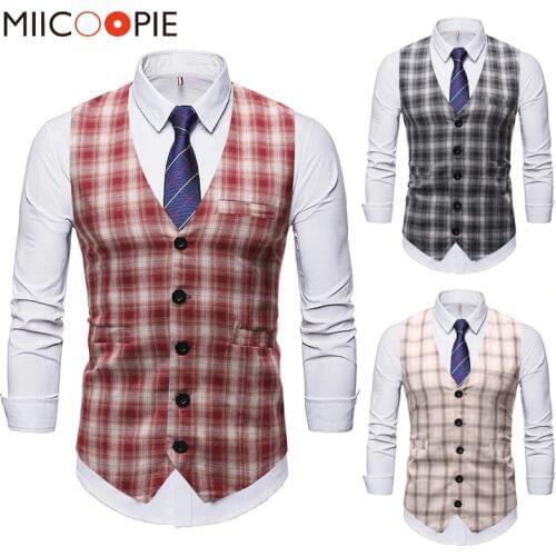 Men Suit Vest Vintage Casual Plaid Single Breasted Mens Waistcoat Vests High Quality Slim Fit Party Wedding Dress Gilet Homme