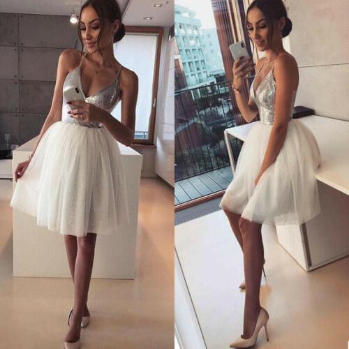 2019 Womens Sequin Deep V neck Bridesmaids Dress Evening Party Sequins Tulle Ball Gown Fashion Female Sleevelss Dress Clothes