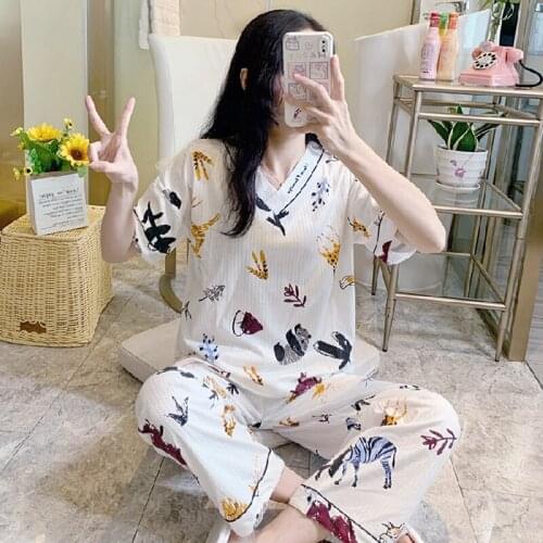 2021 Summer Cotton Short Sleeve Long Pants V-neck Pajama Sets for Women Sleepwear Suit Pyjama Homewear Pijama Mujer Home Clothes