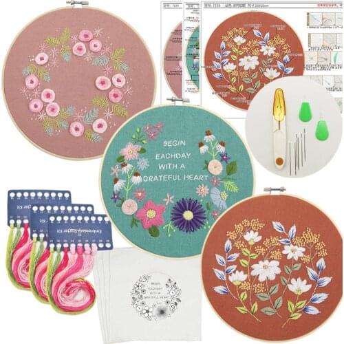 3 Sets Embroidery Starter Kit with Pattern and Instructions, Cross Stitch Kit Include 3 Embroidery Clothes 3 Embroidery Hoops