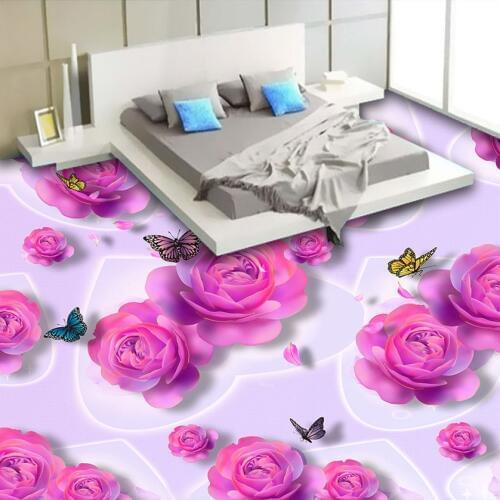 3D Photo Wallpaper Custom 3D Floor Painting Pink Roses Butterfly Fashion Bedroom PVC Floor Mural Sticker Wallpaper Waterproof