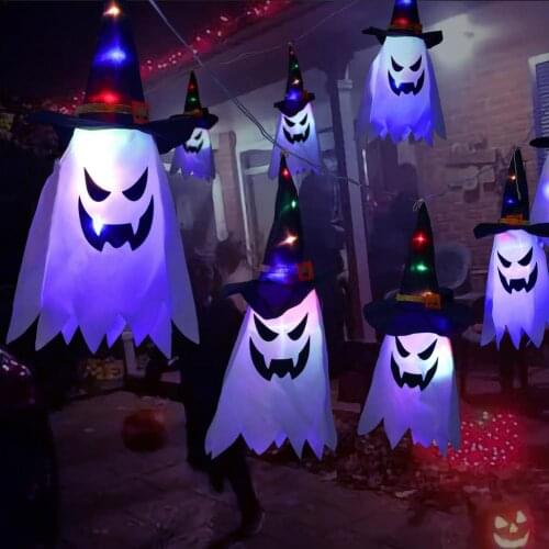 5PCS Glowing Halloween Witch Hat LED Lighted Scary Glowing Ghost Hat Lights Hanging Pendant Garden Home Halloween Decoration