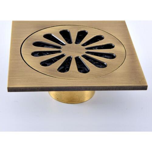 Antique Brass Vintage Retro Carved Flower Pattern Bathroom Shower Drain 4" Square Floor Drain Waste Grates ahr076