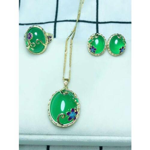 C4#925 silver inlaid natural chalcedony set, the jade face is clean and translucent