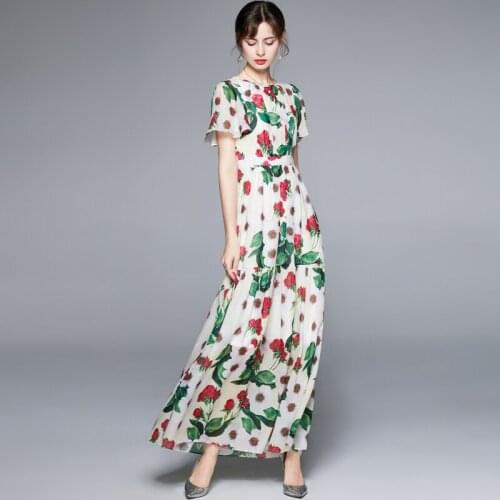 JSXDHK Bohemian Holiday Beach Long Dress 2021 Romantic Summer Womens Flower Printed Chiffon High Wist Maxi Ball Gown Dresses
