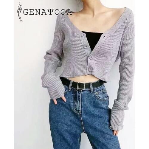 Genayooa V-neck Sexy Knit Cropped Cardigan Women 2020 Autumn Korean Mint Knitted Short Cardigans Women Sweater Ladies Jumper