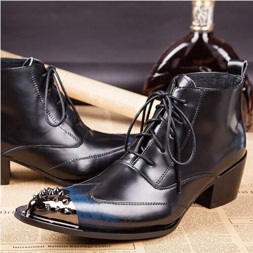 Christia Bella Classic Men Lacp on Heighten Short Boots Genuine Leather Party Man Large Size Rivet Metal Pointed Toe Ankle Boots