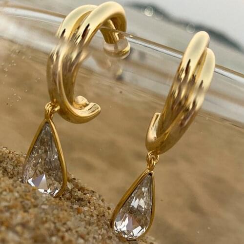 Lifefontier Vintage Water Drop Crystal Dangle Earrings for Women Geometric Gold Color Metal Drop Earrings Trendy Party Jewelry