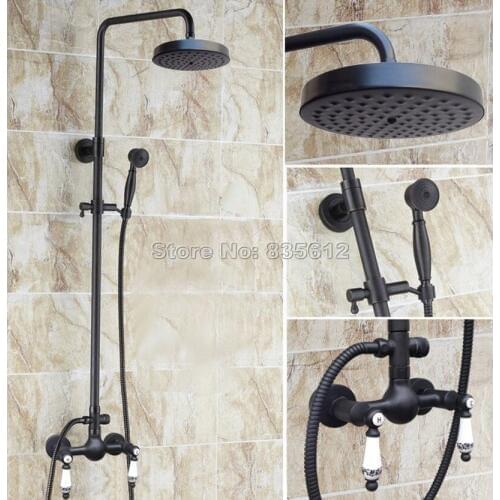 Wall Mounted Black Oil Rubbed Bronze Rain Shower Faucet Set with Hand Spray & Bathroom Dual Handles Mixer Taps Wrs516