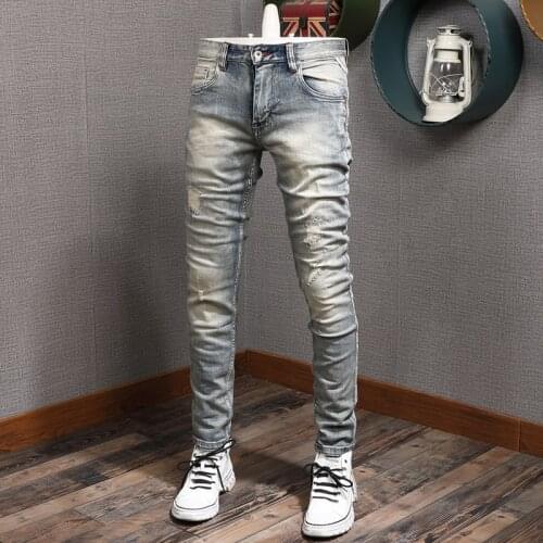 New Mens Vintage Blue Ripped Stretch Jeans Men Casual Slim Fit Pencil Pants Streetwear Distressed Jean
